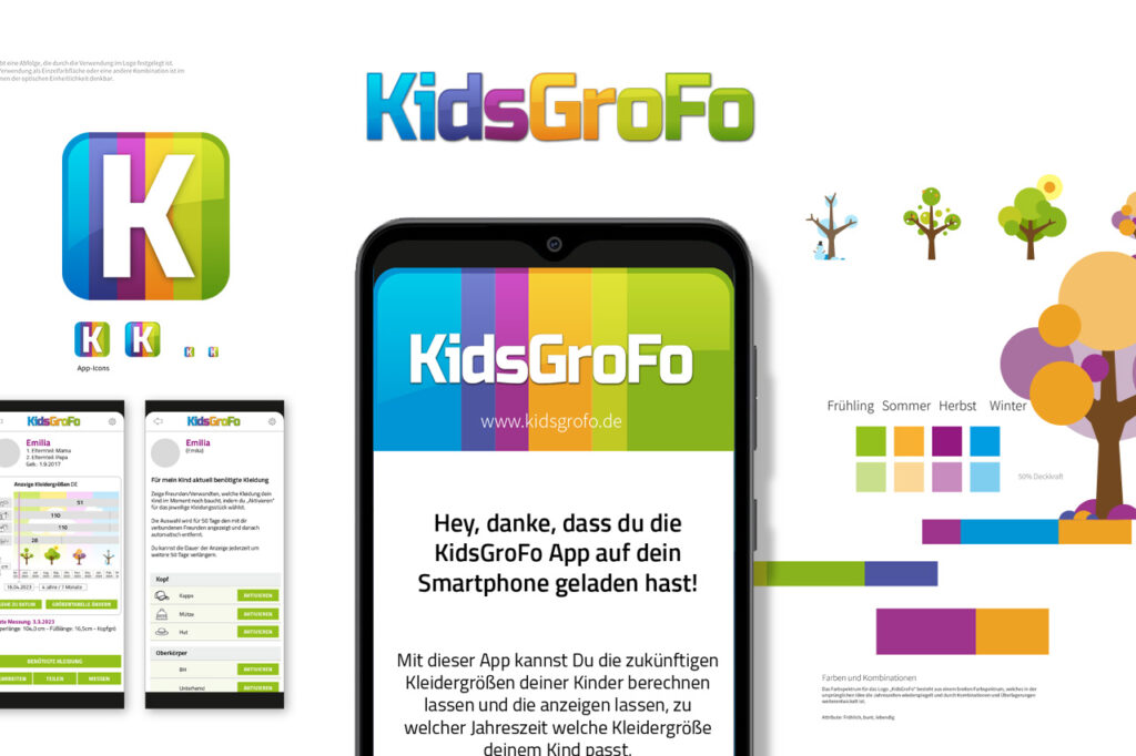 Gestaltung der App "KidsGroFo" / Logorelaunch / Layoutkonzept und Anwendungsbeispiele